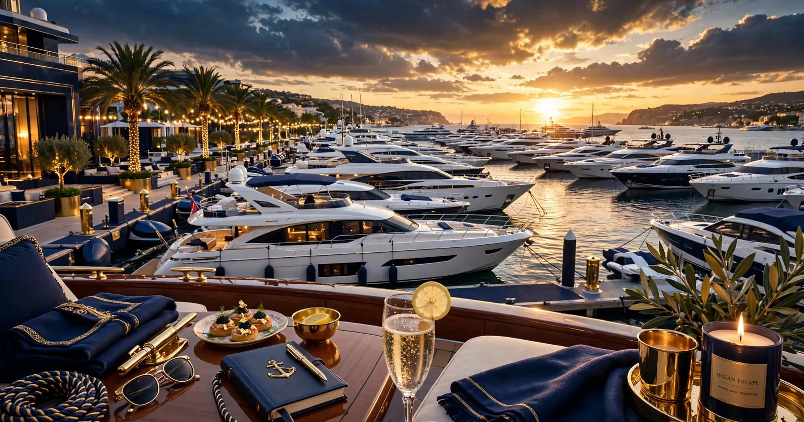 Champagne and canapés on a yacht deck overlooking a marina of luxury yachts at sunset
