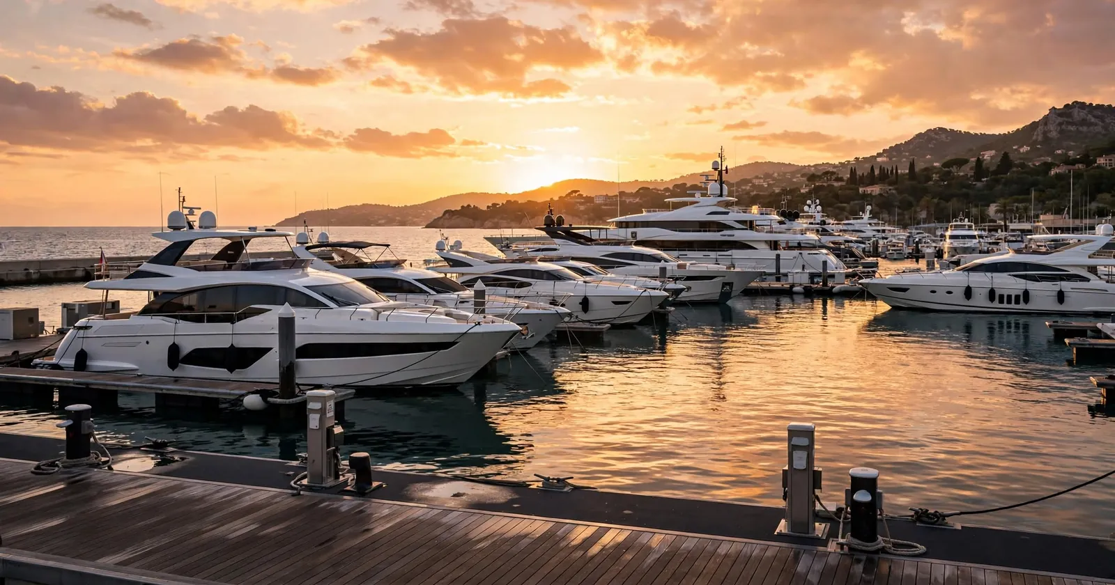 Luxury motor yachts moored in a Mediterranean marina at sunset